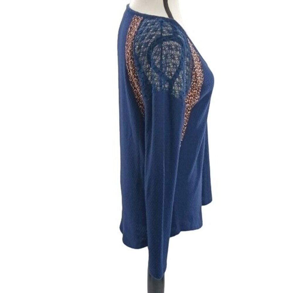 Miss Me Knit Top Blue Lace Geometric Long Sleeve Boho Stretch Womens Size S - Picture 3 of 6
